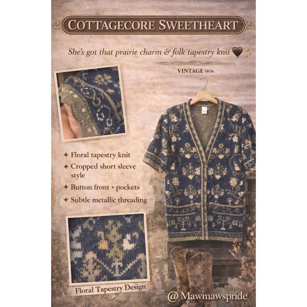 Vintage 90s Floral Knit Cardigan Cottagecore Prairie Sweater‎ Tapestry  Metallic